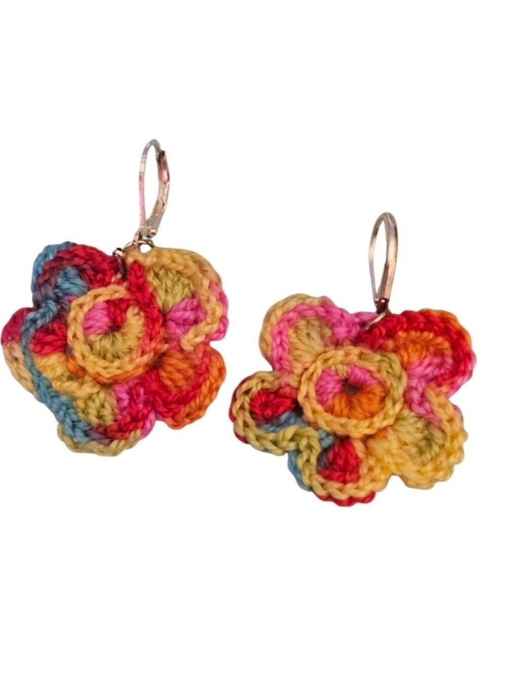 Hand Crafted Multi Color Crochet Flower Earrings Festival Wear Rainbow Jewelry - Picture 12 of 16